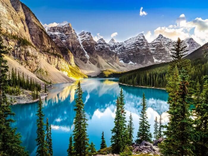 Mountain lake surrounded by pine trees.
